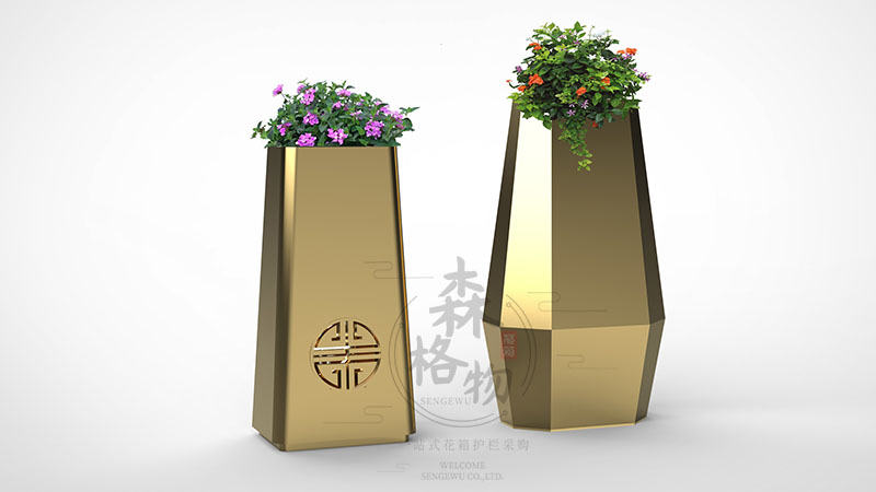 多面体不锈钢亮金色镜面拉丝花箱